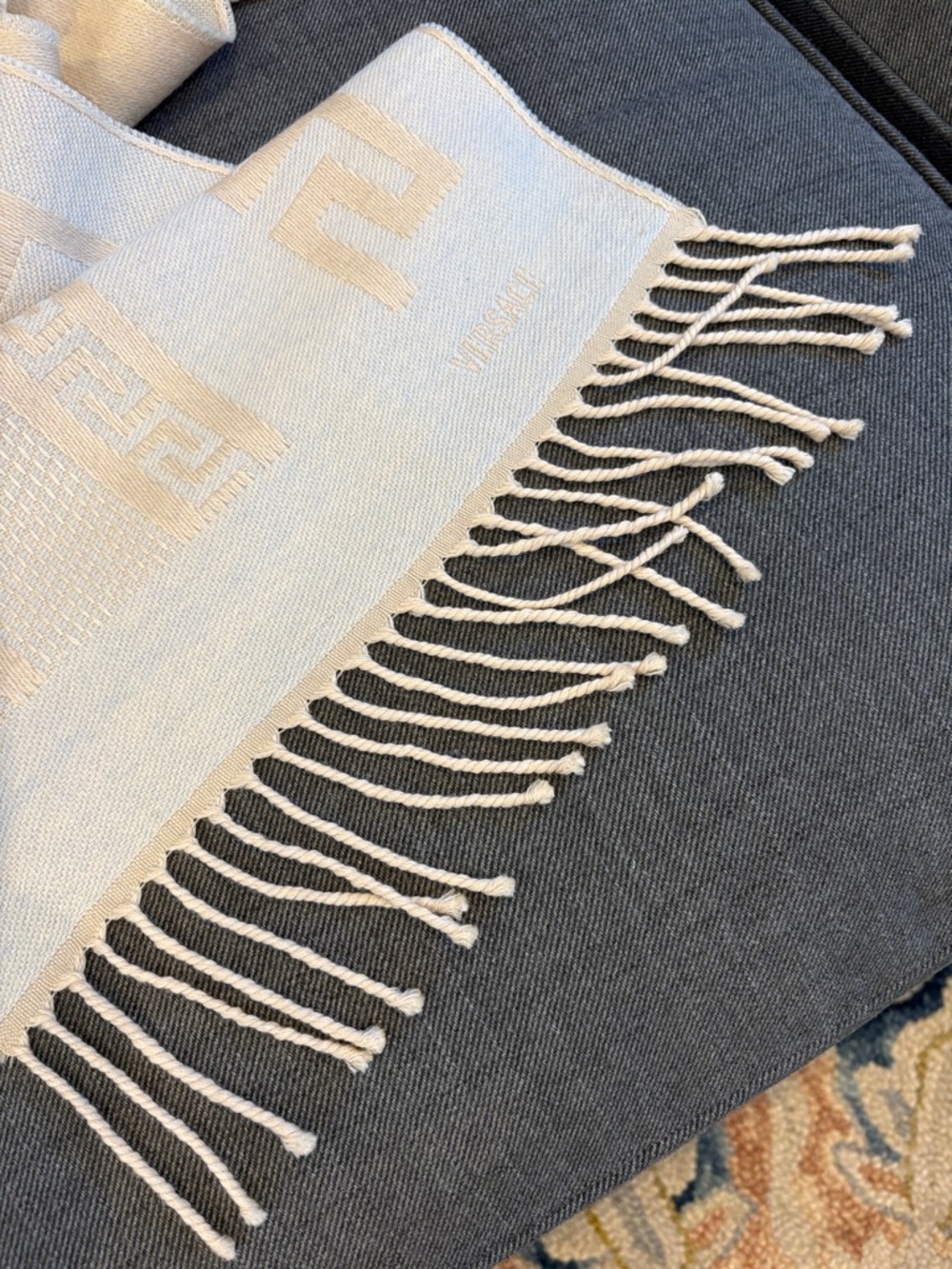 VERSACE Neutral Beige, Light Blue Fringe Scarf - Picture 5 of 5